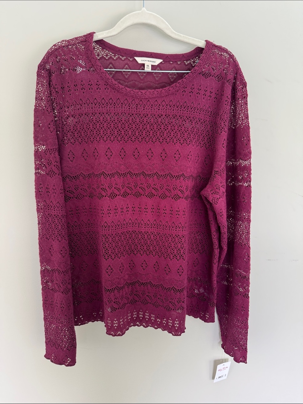 Lucky Brand Magenta Crochet Knit Long Sleeve Sweater